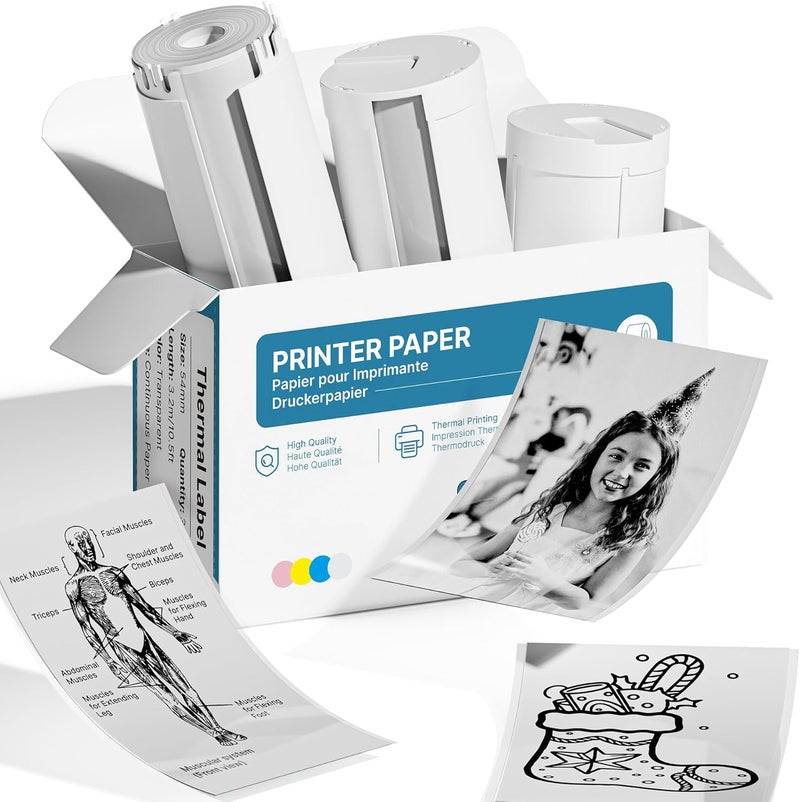 TYPONOS Genuine Self-Adhesive Thermal Printer Stickers, 54mmx3.2m Sticker Paper, Compatible with PM290 Mini Sticker Printer, Thermal Sticker Paper for Journal, Study, Photos, 3 Rolls, Transparent - Image 1